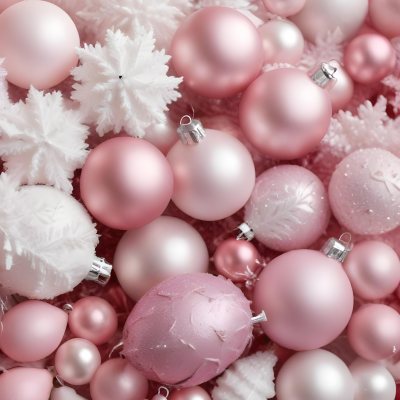 A Close Up Image Of Various Pink And White Christmas Ornaments Or Decorations With Some Glitter Or Frost Like Textures Creating A Festive And Whimsical Holiday Scene 47 640d