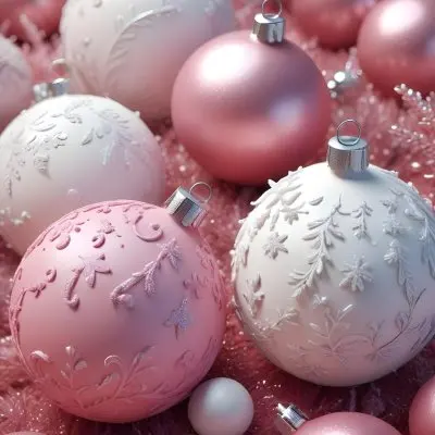 A Close Up Image Of Various Pink And White Christmas Ornaments Or Decorations With Some Glitter Or Frost Like Textures Creating A Festive And Whimsical Holiday Scene 48 Bf66