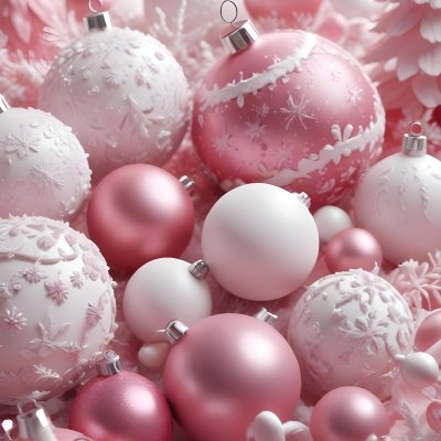 A Close Up Image Of Various Pink And White Christmas Ornaments Or Decorations With Some Glitter Or Frost Like Textures Creating A Festive And Whimsical Holiday Scene 6 A3df