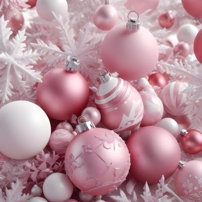 A Close Up Image Of Various Pink And White Christmas Ornaments Or Decorations With Some Glitter Or Frost Like Textures Creating A Festive And Whimsical Holiday Scene 8 293e