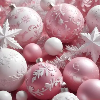 A Close Up Image Of Various Pink And White Christmas Ornaments Or Decorations With Some Glitter Or Frost Like Textures Creating A Festive And Whimsical Holiday Scene 9 7ffd