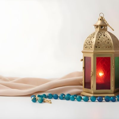 A Golden Lantern With Red And Green Glass A Golden Rosary And A White Cloth On A Glass Table 18 9e80