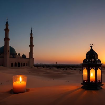 A Lantern With A Candle On A Desert With A Mosque In The Background During Sunset 12 Cd6a