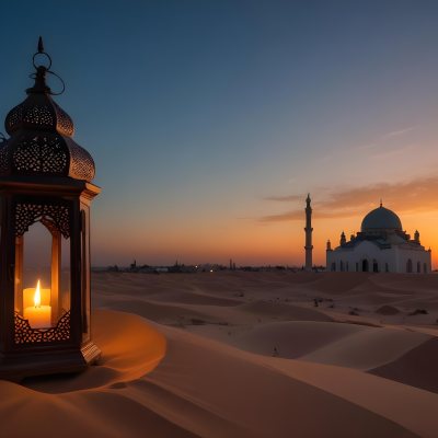 A Lantern With A Candle On A Desert With A Mosque In The Background During Sunset 13 0482