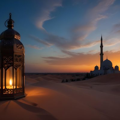 A Lantern With A Candle On A Desert With A Mosque In The Background During Sunset 14 0891