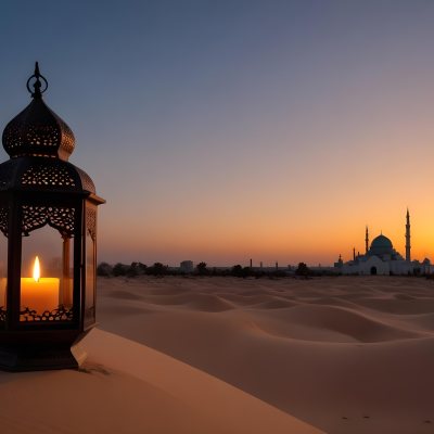A Lantern With A Candle On A Desert With A Mosque In The Background During Sunset 16 D81f