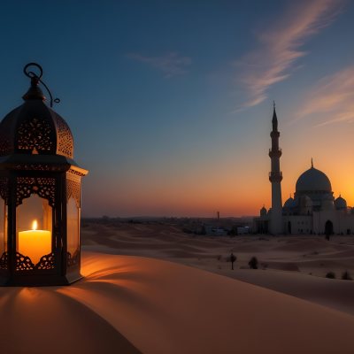 A Lantern With A Candle On A Desert With A Mosque In The Background During Sunset 17 3d7f