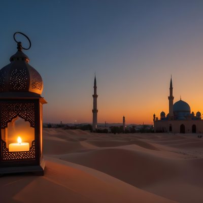 A Lantern With A Candle On A Desert With A Mosque In The Background During Sunset 18 68e2