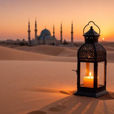 A Lantern With A Candle On A Desert With A Mosque In The Background During Sunset 19 A7e0