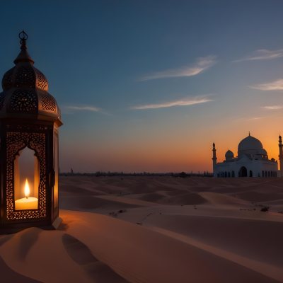 A Lantern With A Candle On A Desert With A Mosque In The Background During Sunset 2 1596