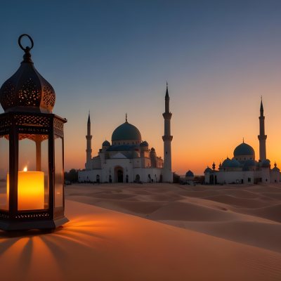 A Lantern With A Candle On A Desert With A Mosque In The Background During Sunset 21 C3ef