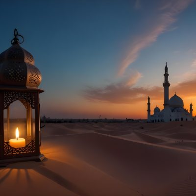A Lantern With A Candle On A Desert With A Mosque In The Background During Sunset 23 314f
