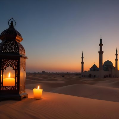 A Lantern With A Candle On A Desert With A Mosque In The Background During Sunset 25 1248