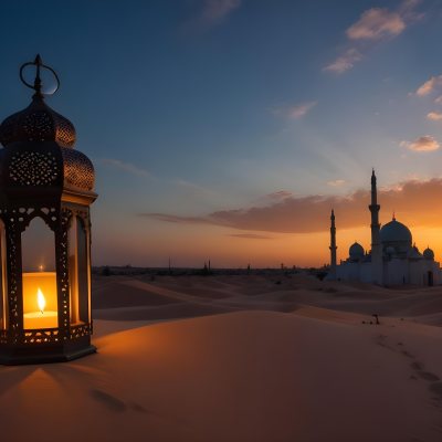 A Lantern With A Candle On A Desert With A Mosque In The Background During Sunset 27 6555