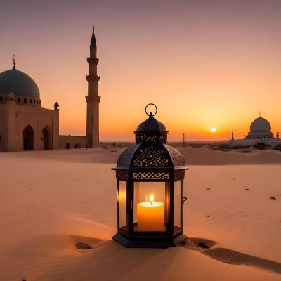 A Lantern With A Candle On A Desert With A Mosque In The Background During Sunset 28 4e61