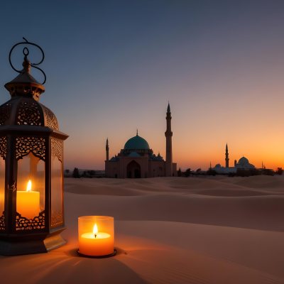 A Lantern With A Candle On A Desert With A Mosque In The Background During Sunset 29 9702