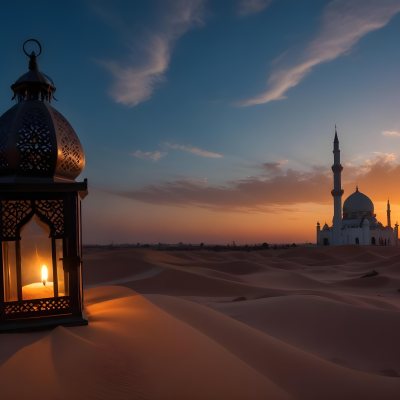 A Lantern With A Candle On A Desert With A Mosque In The Background During Sunset 30 C829