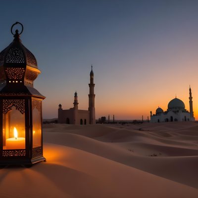 A Lantern With A Candle On A Desert With A Mosque In The Background During Sunset 31 90b0
