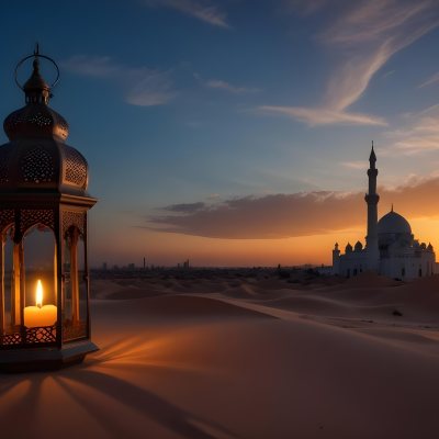 A Lantern With A Candle On A Desert With A Mosque In The Background During Sunset 32 08aa