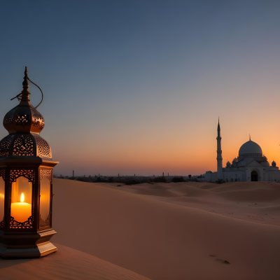 A Lantern With A Candle On A Desert With A Mosque In The Background During Sunset 33 0d50