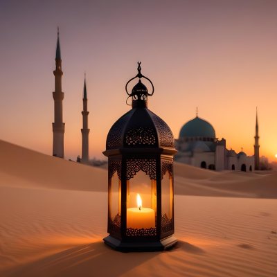 A Lantern With A Candle On A Desert With A Mosque In The Background During Sunset 35 4018