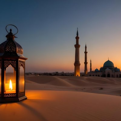 A Lantern With A Candle On A Desert With A Mosque In The Background During Sunset 37 47a0