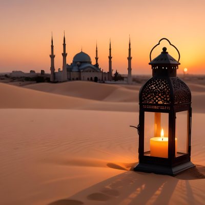 A Lantern With A Candle On A Desert With A Mosque In The Background During Sunset 39 F010