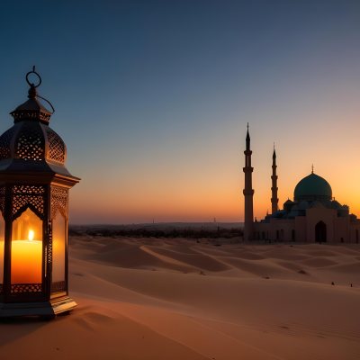 A Lantern With A Candle On A Desert With A Mosque In The Background During Sunset 40 0752