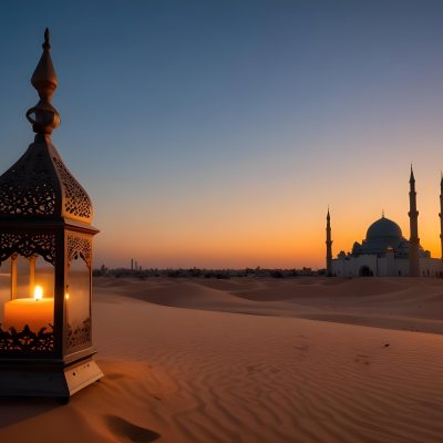 A Lantern With A Candle On A Desert With A Mosque In The Background During Sunset 6 06f0