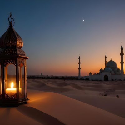A Lantern With A Candle On A Desert With A Mosque In The Background During Sunset 7 3752