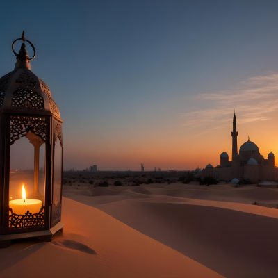 A Lantern With A Candle On A Desert With A Mosque In The Background During Sunset 9 B56e