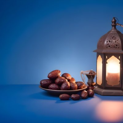 A Plate Of Dates And A String Of Prayer Beads Next To A Lantern On A Blue Background 1 Fb03
