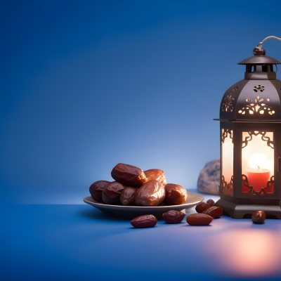 A Plate Of Dates And A String Of Prayer Beads Next To A Lantern On A Blue Background 10 3258