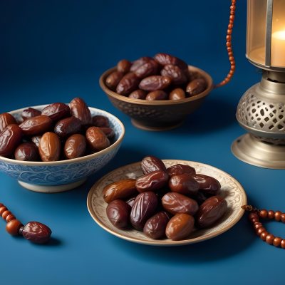A Plate Of Dates And A String Of Prayer Beads Next To A Lantern On A Blue Background 11 B35d