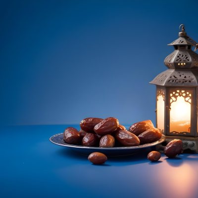 A Plate Of Dates And A String Of Prayer Beads Next To A Lantern On A Blue Background 13 57b1