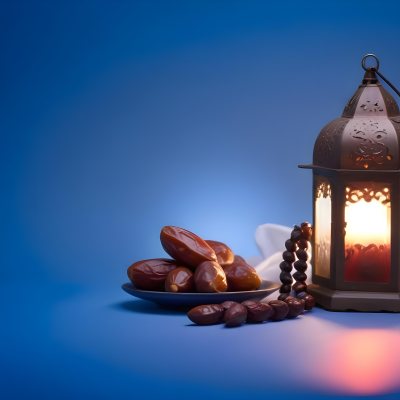 A Plate Of Dates And A String Of Prayer Beads Next To A Lantern On A Blue Background 14 74f8