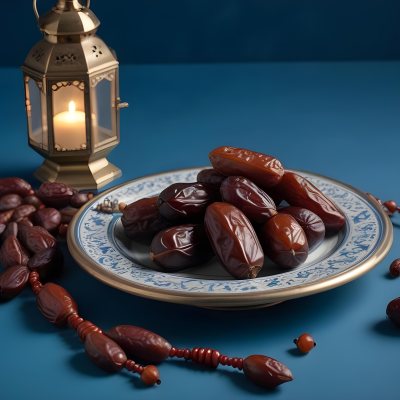 A Plate Of Dates And A String Of Prayer Beads Next To A Lantern On A Blue Background 15 74ff