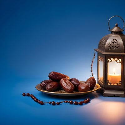 A Plate Of Dates And A String Of Prayer Beads Next To A Lantern On A Blue Background 17 C23c
