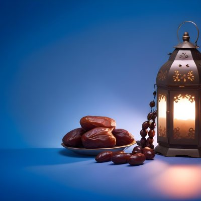 A Plate Of Dates And A String Of Prayer Beads Next To A Lantern On A Blue Background 18 5e9a