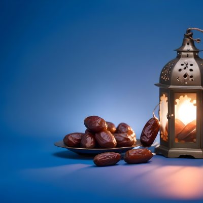 A Plate Of Dates And A String Of Prayer Beads Next To A Lantern On A Blue Background 19 53d2