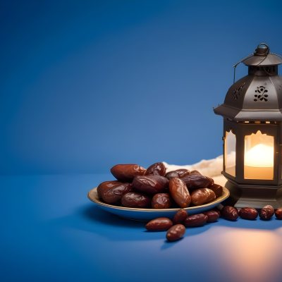 A Plate Of Dates And A String Of Prayer Beads Next To A Lantern On A Blue Background 2 87ac