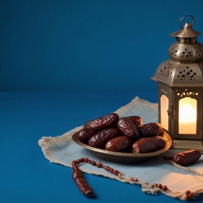 A Plate Of Dates And A String Of Prayer Beads Next To A Lantern On A Blue Background 21 Bba4