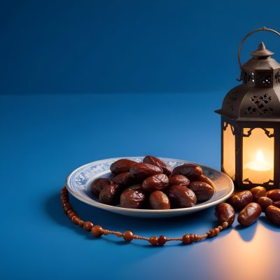A Plate Of Dates And A String Of Prayer Beads Next To A Lantern On A Blue Background 23 F234