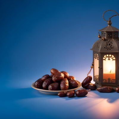 A Plate Of Dates And A String Of Prayer Beads Next To A Lantern On A Blue Background 24 C72f
