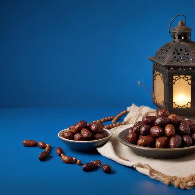 A Plate Of Dates And A String Of Prayer Beads Next To A Lantern On A Blue Background 27 17e3