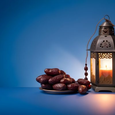 A Plate Of Dates And A String Of Prayer Beads Next To A Lantern On A Blue Background 28 5e6e
