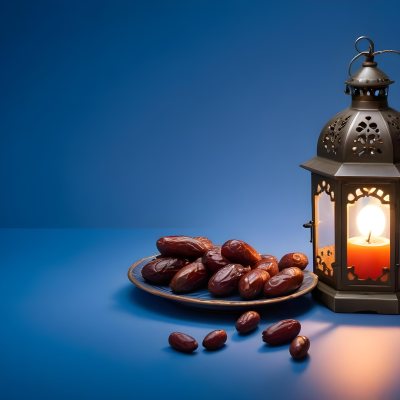 A Plate Of Dates And A String Of Prayer Beads Next To A Lantern On A Blue Background 3 9835