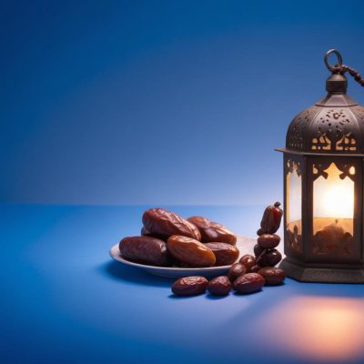 A Plate Of Dates And A String Of Prayer Beads Next To A Lantern On A Blue Background 31 5444