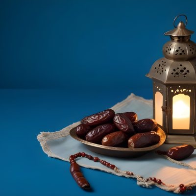 A Plate Of Dates And A String Of Prayer Beads Next To A Lantern On A Blue Background 32 C3ac