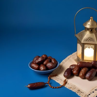 A Plate Of Dates And A String Of Prayer Beads Next To A Lantern On A Blue Background 35 Acd1